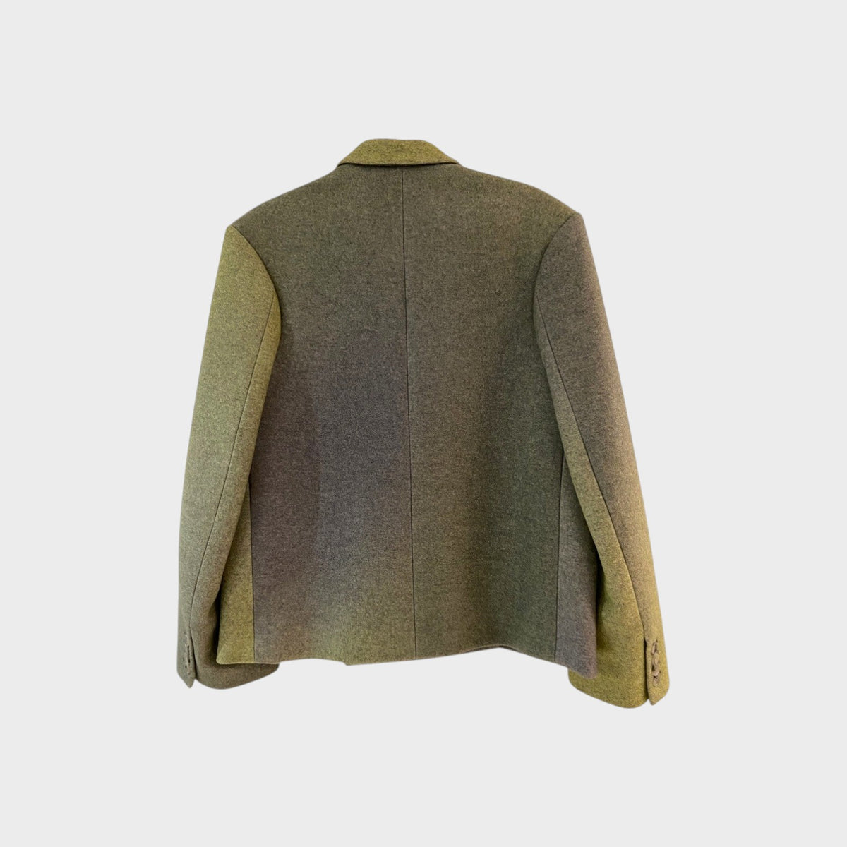 Back view of a Tasoni Nina Ricci blazer in olive green cashmere and wool blend with a structured tailored fit.