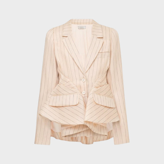 Tasoni Nina Ricci Natté pleated blazer in beige with dark pinstripes, featuring a tailored fit and peplum waist.