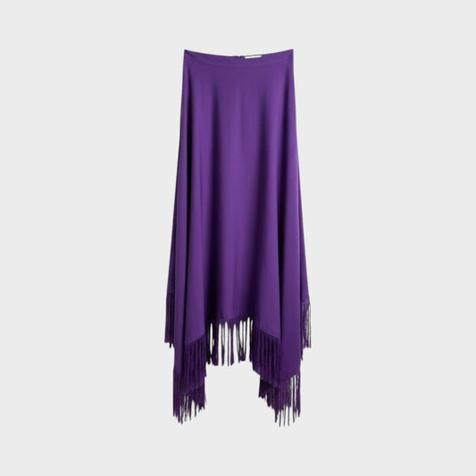 Tasoni Nina Ricci purple A-line midi skirt featuring a textured fabric and long fringe hem detail.