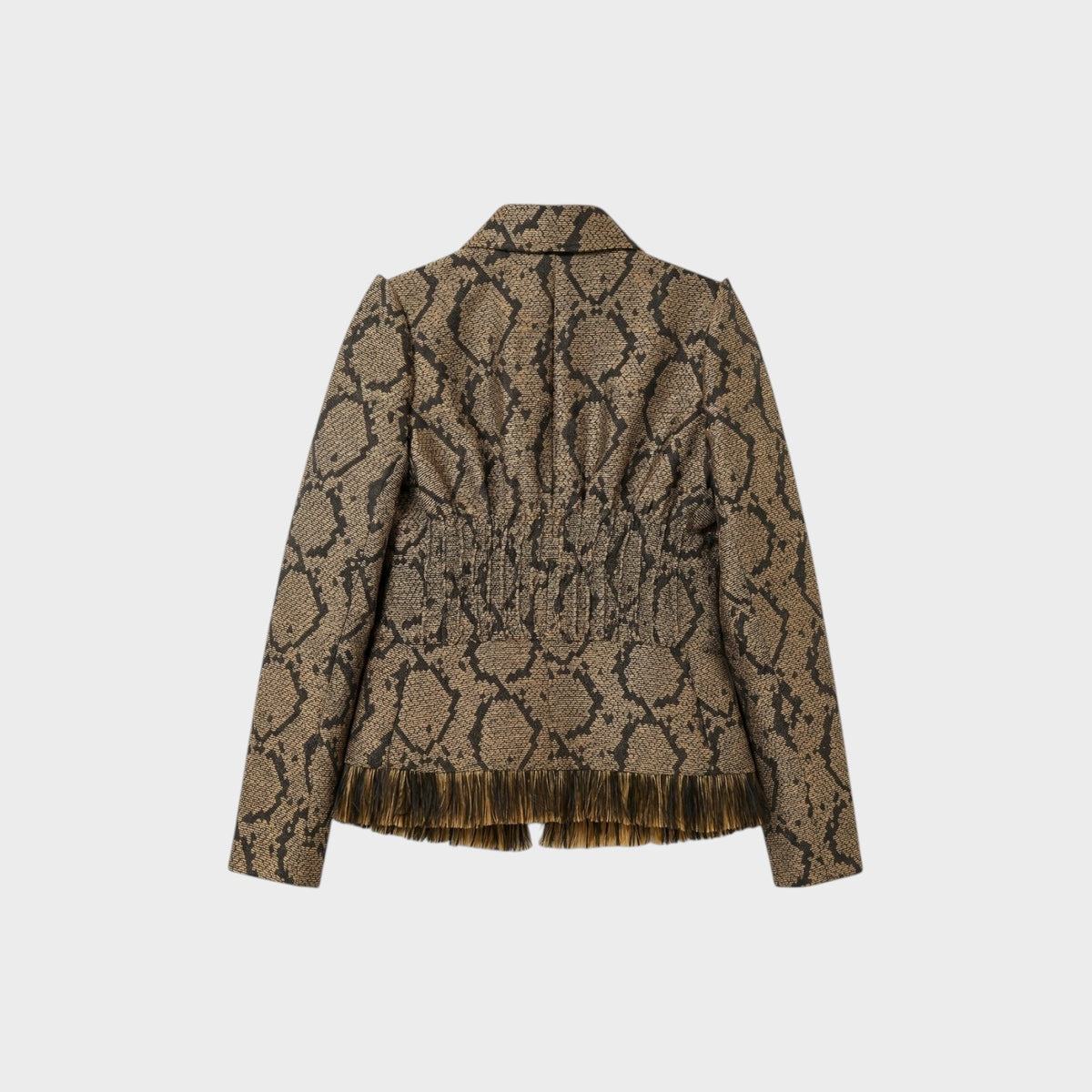 Back view of a Tasoni Nina Ricci raffia blazer featuring a brown and black python print and a fringed hem.