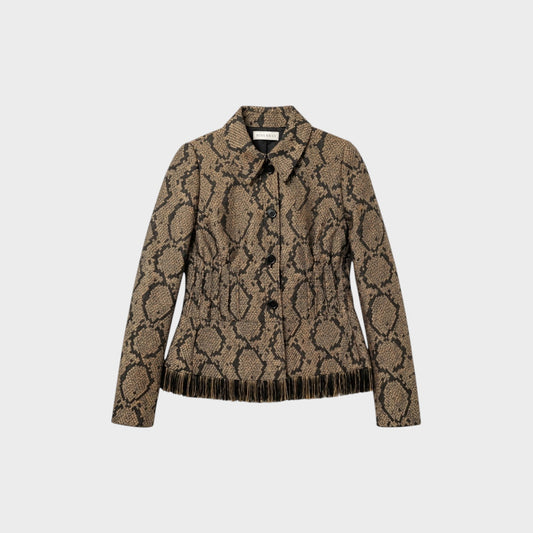 Tasoni Nina Ricci raffia blazer in a brown and black python print with a button-up front and fringe hem detail.