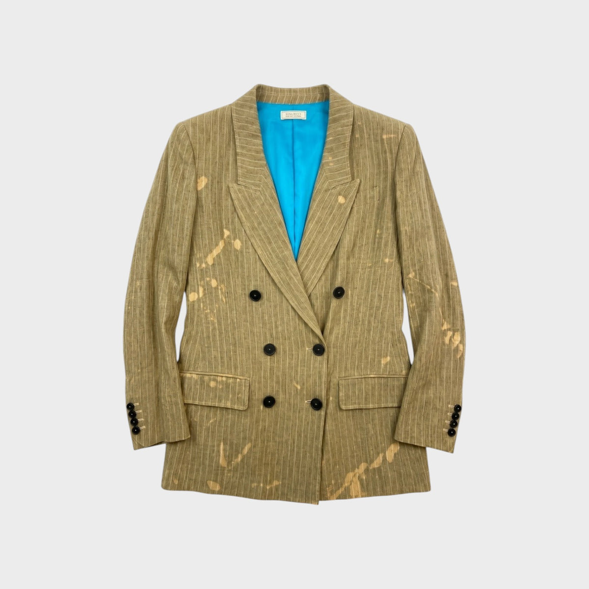 Tasoni Nina Ricci stone-coloured linen double-breasted blazer with white pinstripes and distressed bleach-effect spots.