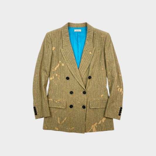 Tasoni Nina Ricci stone-coloured linen double-breasted blazer with white pinstripes and distressed bleach-effect spots.