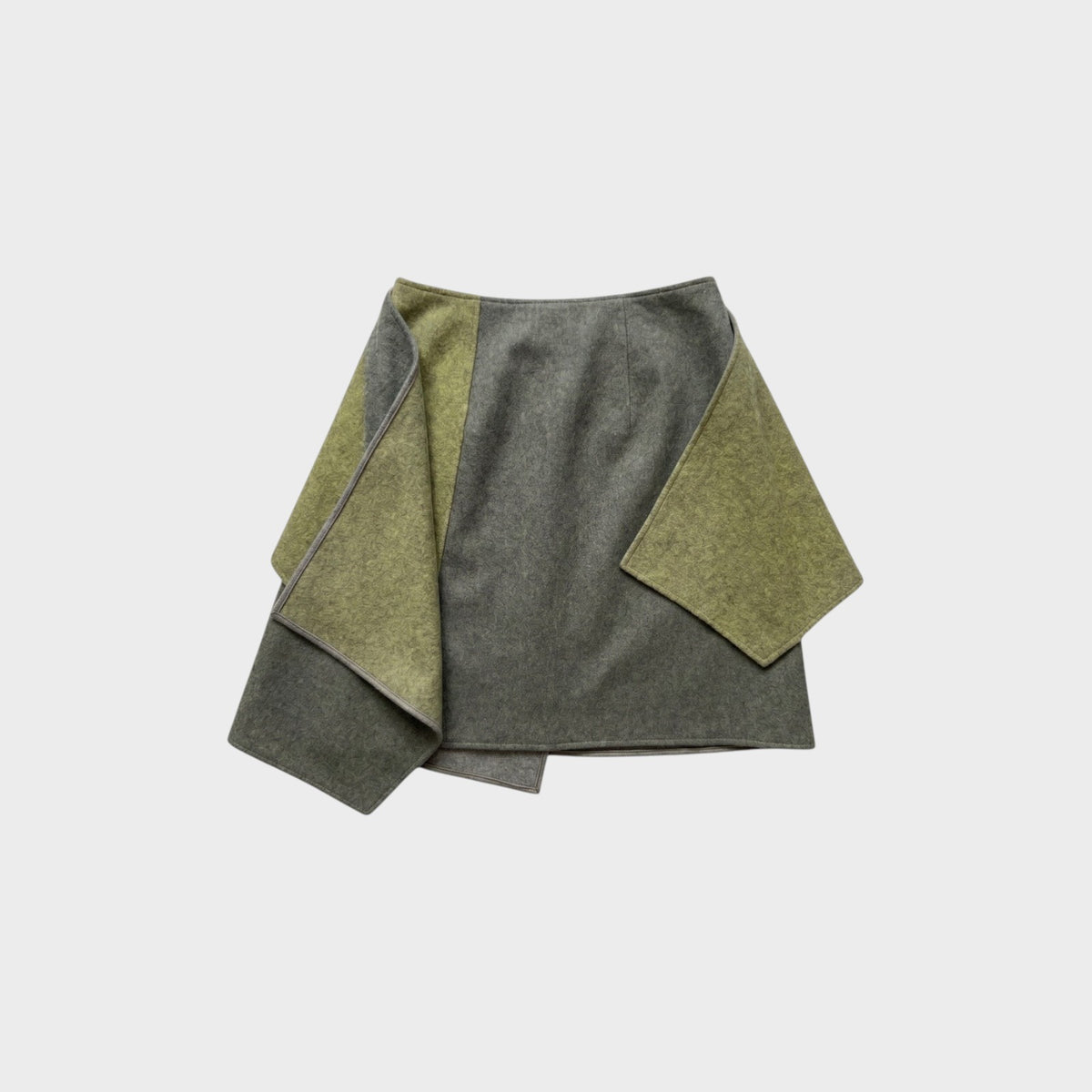 Tasoni Nina Ricci mini skirt in grey and olive green wool and cashmere blend with a wrap-style layered design.