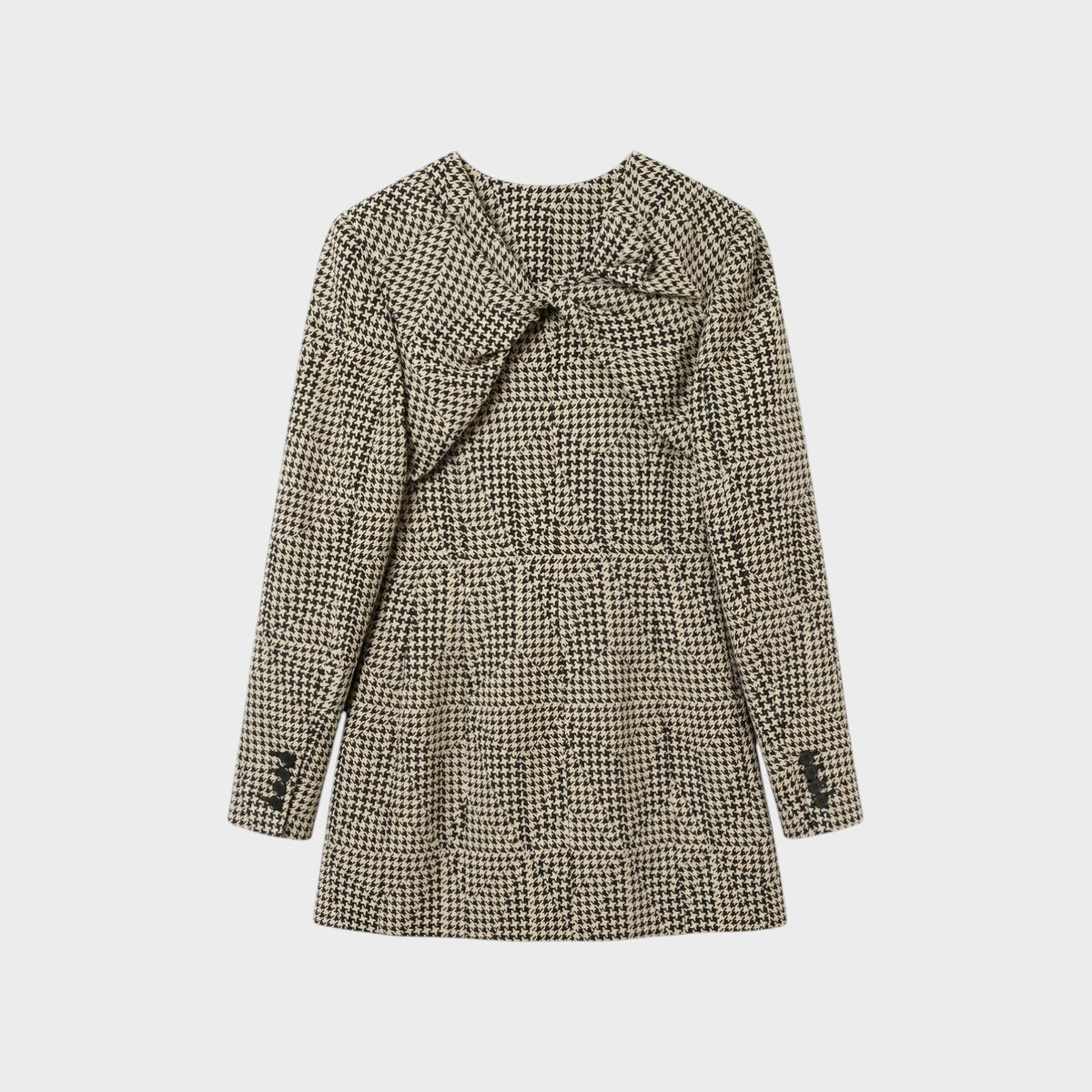 Tasoni Nina Ricci wool houndstooth blazer with a unique draped neckline and long sleeves in a classic black and beige pattern.