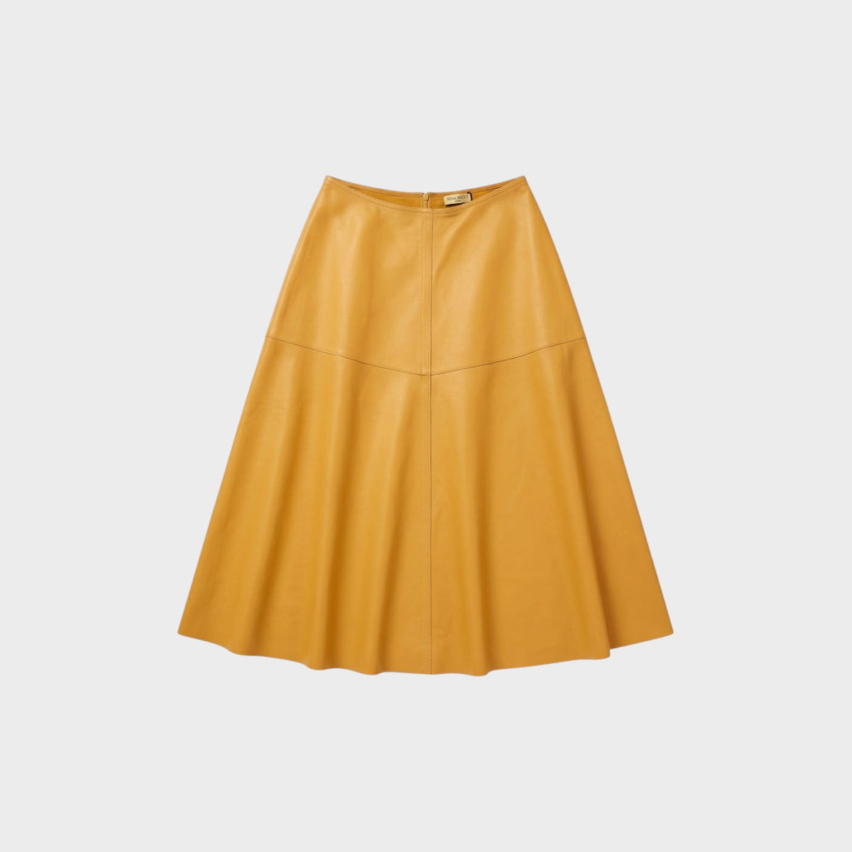 Tasoni Nina Ricci Miel yellow A-line leather skirt with a smooth finish and panelled construction.