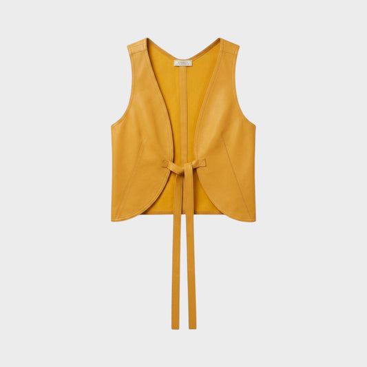 Tasoni Nina Ricci Miel yellow leather crop vest with a front tie closure and sleeveless design.