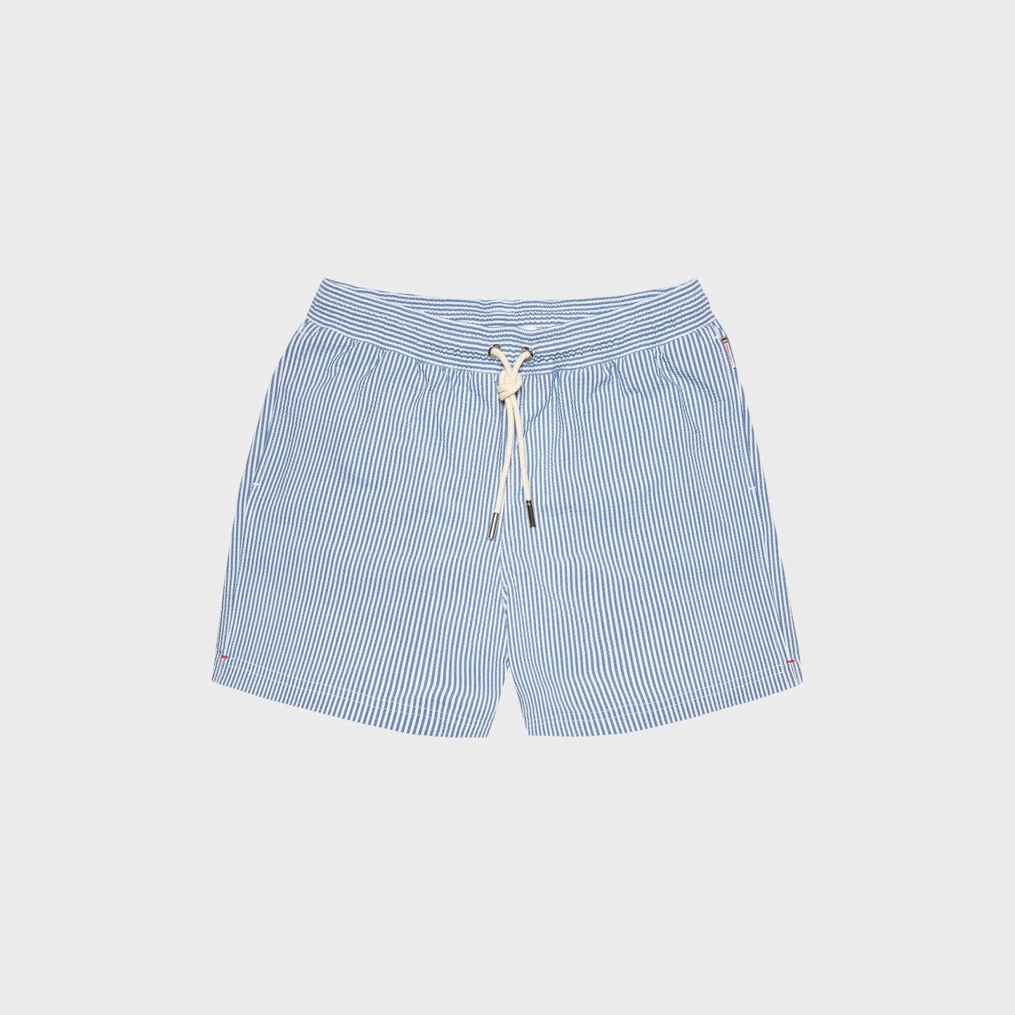 Tasoni Orlebar Brown Boxer III swim trunks in nova blue with white seersucker stripe and drawcord waist.