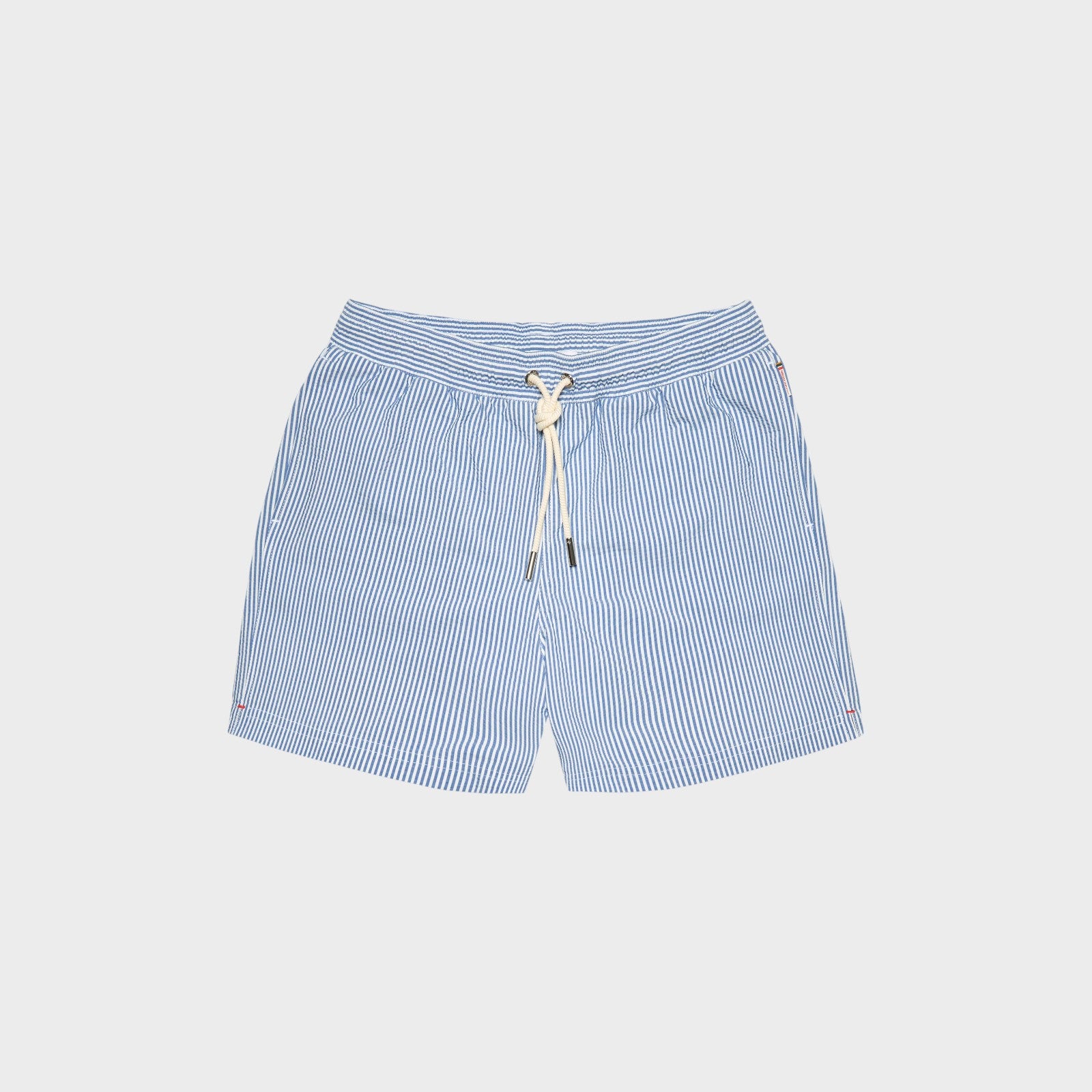 Tasoni Orlebar Brown Boxer III swim trunks in nova blue with white seersucker stripe and drawcord waist.