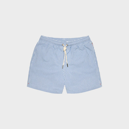 Tasoni Orlebar Brown Boxer III swim trunks in nova blue with white seersucker stripe and drawcord waist.