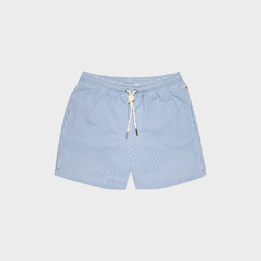 Tasoni Orlebar Brown Boxer III swim trunks in nova blue with white seersucker stripe and drawcord waist.