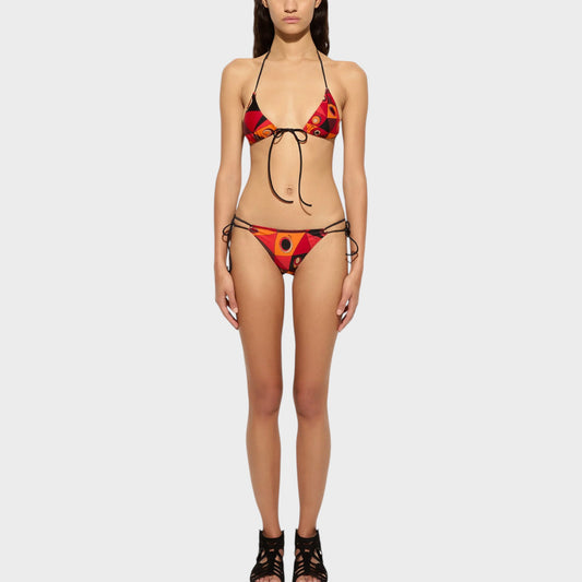 Tasoni Pucci Swimwear orange and black bikini bottom with Occhi print, featuring a tie-side design and adjustable straps.