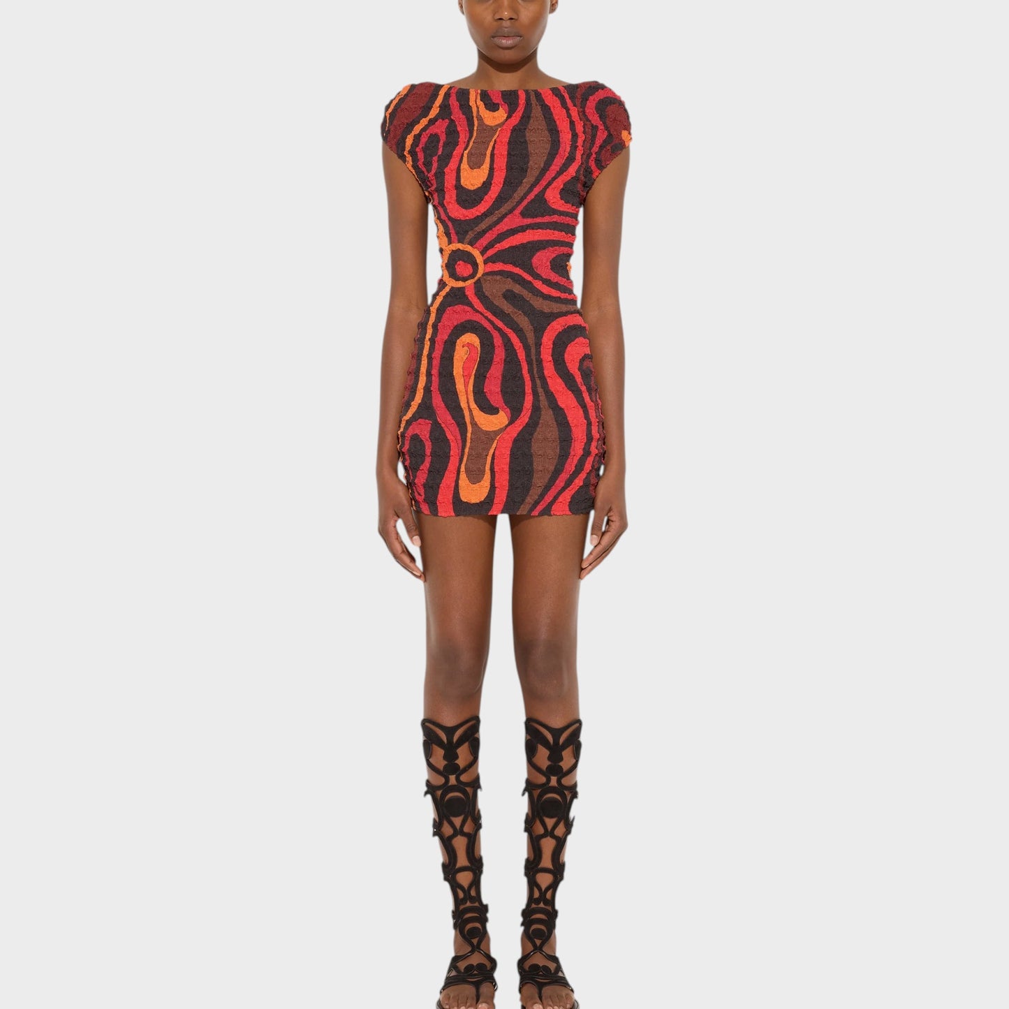 Tasoni orange and black marmo print short sleeve mini dress with a circular buckle detail at the waist.