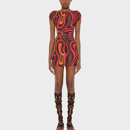 Tasoni orange and black marmo print short sleeve mini dress with a circular buckle detail at the waist.