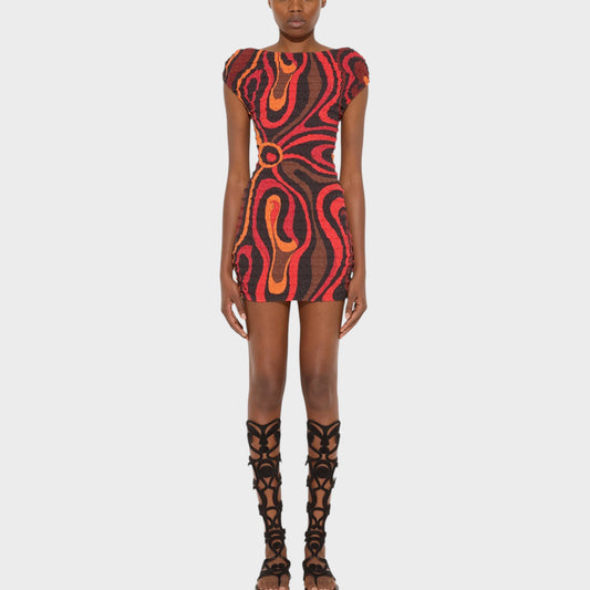 Tasoni orange and black marmo print short sleeve mini dress with a circular buckle detail at the waist.