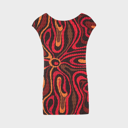 Tasoni short sleeve mini dress in orange, black, and brown with a swirling Marmo print and textured fabric.