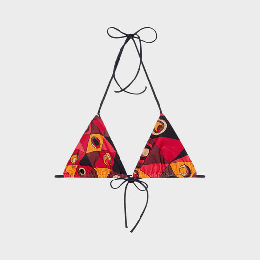 Tasoni orange and black triangle bikini bra with abstract Occhi print and black ties.