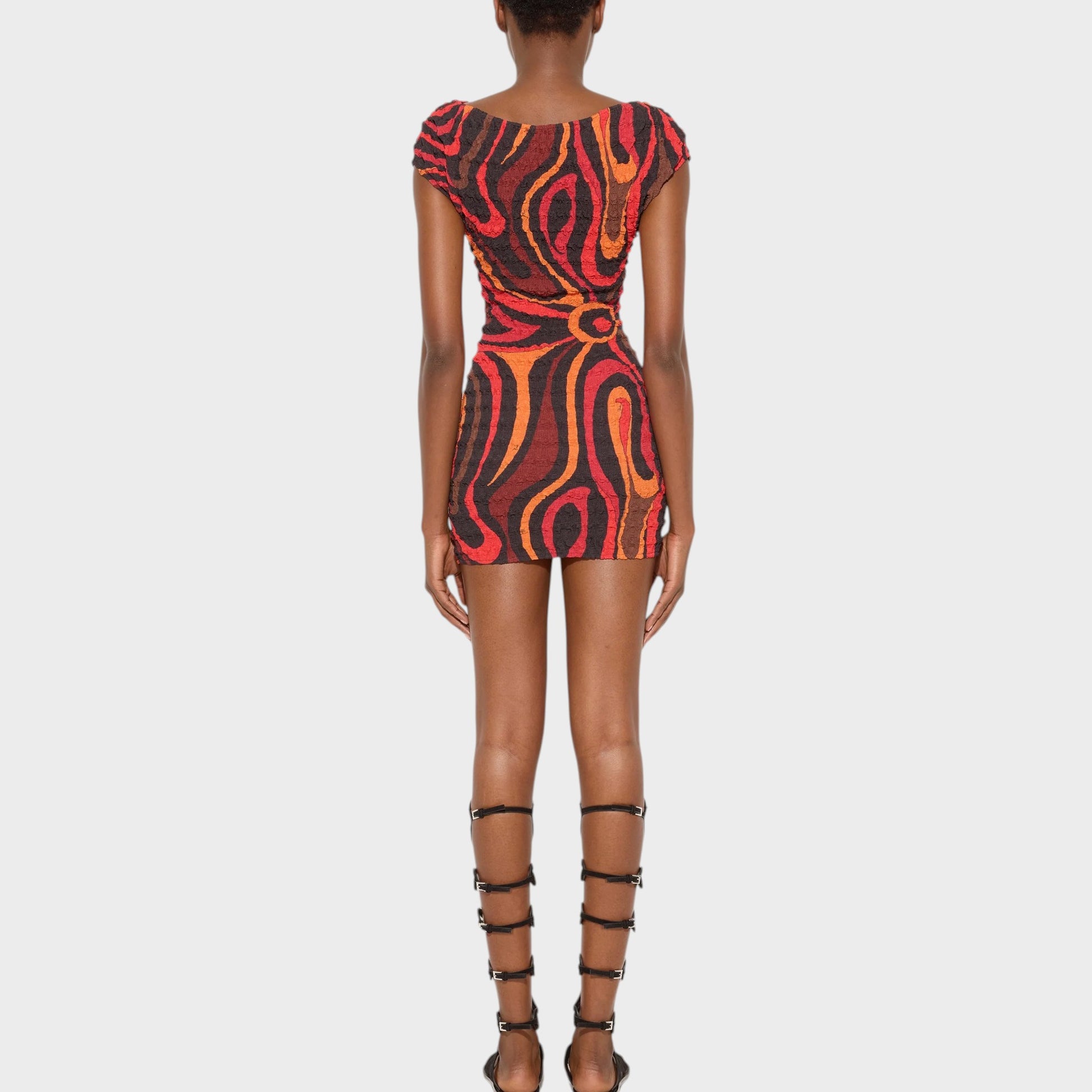 Tasoni orange and black shibori print mini dress with short sleeves and a cinched waist detail.