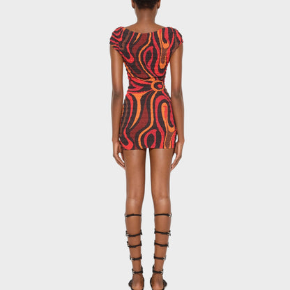 Tasoni orange and black shibori print mini dress with short sleeves and a cinched waist detail.