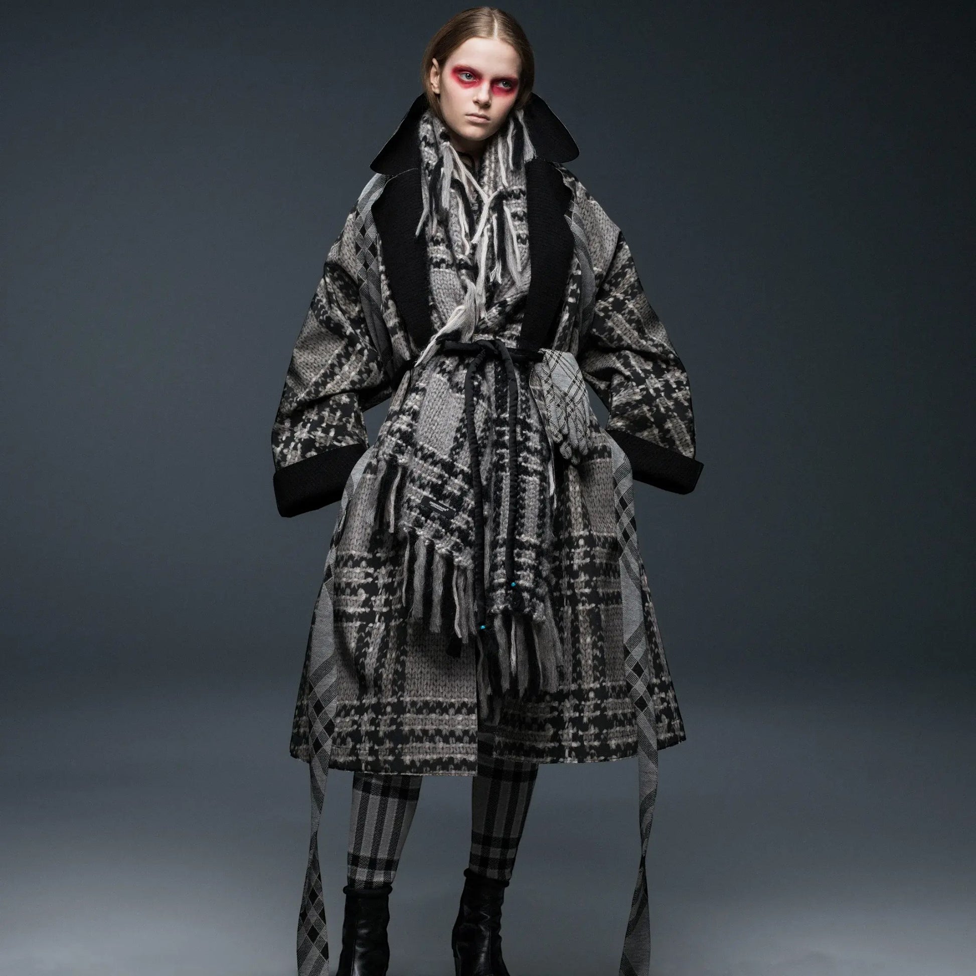 Tasoni oversized mohair and wool scarf in grey and black check. Features fringe detail and a belted waist.