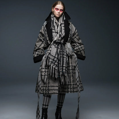 Tasoni oversized mohair and wool scarf in grey and black check. Features fringe detail and a belted waist.