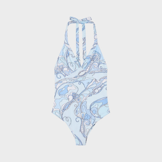 Tasoni pale blue one-piece swimsuit with V-neck, halter straps, and ornate orchidee print.