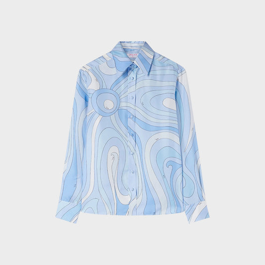 Tasoni pale blue silk shirt with a swirling Marmo print and button-up front.