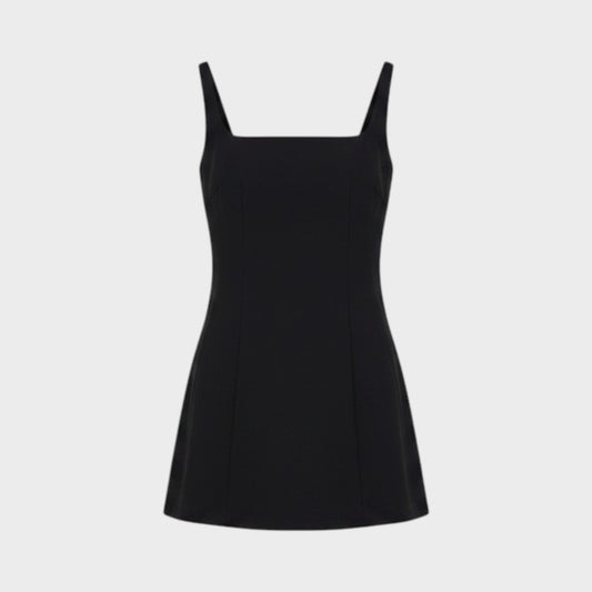 Tasoni Partow Callen black twill sleeveless top with a square neckline and fitted silhouette.