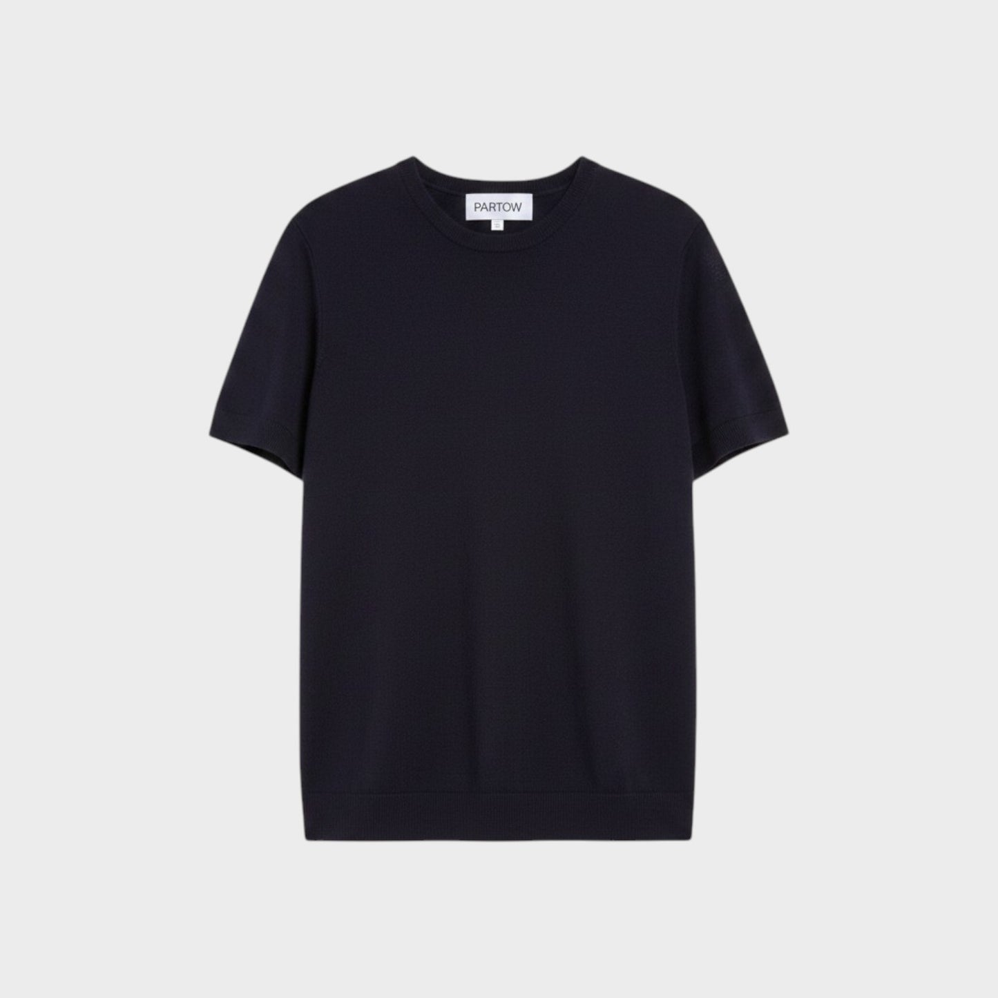 Tasoni Partow Enzo navy blue short-sleeve wool sweater with a classic crew neckline.