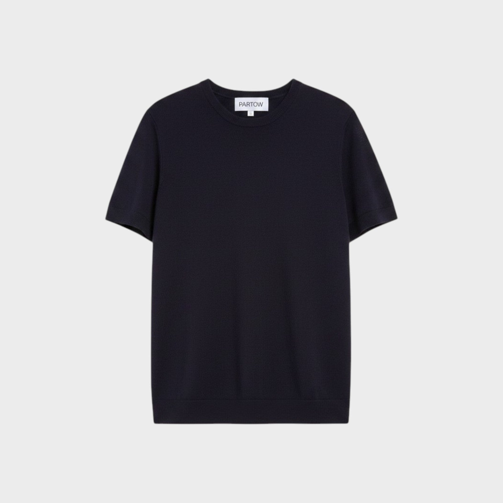 Tasoni Partow Enzo navy blue short-sleeve wool sweater with a classic crew neckline.