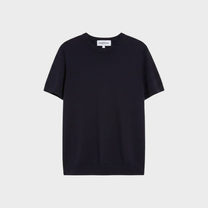 Tasoni Partow Enzo navy blue short-sleeve wool sweater with a classic crew neckline.