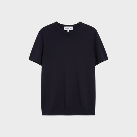 Tasoni Partow Enzo navy blue short-sleeve wool sweater with a classic crew neckline.