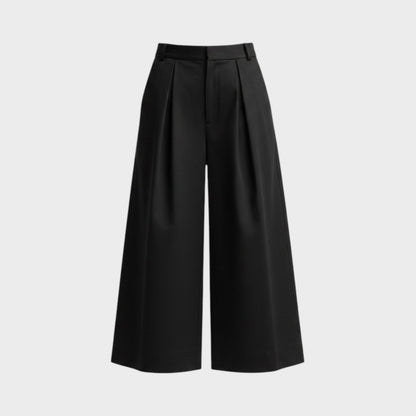 Tasoni Partow Ida black wide-leg trousers in virgin wool with front pleats and a high-waisted tailored fit.