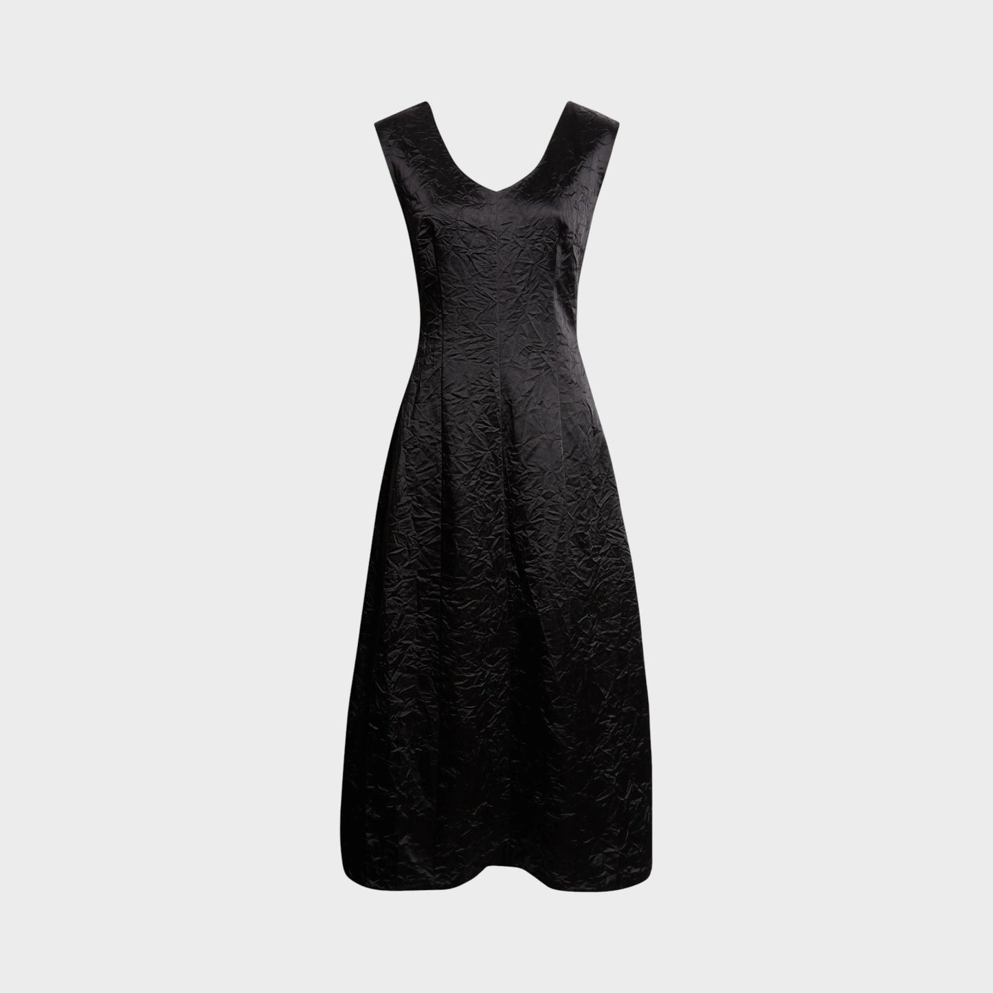 Tasoni Partow Koda black sleeveless midi dress in a textured cotton blend fabric with a V-neckline.