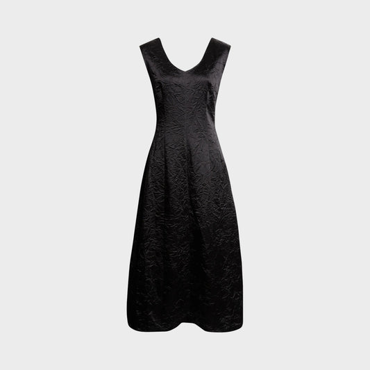 Tasoni Partow Koda black sleeveless midi dress in a textured cotton blend fabric with a V-neckline.