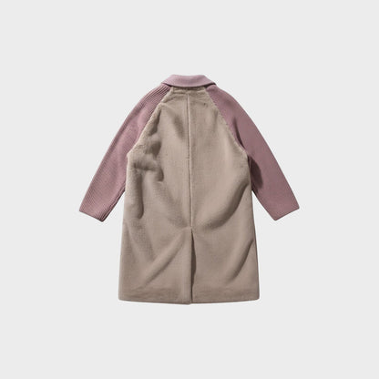 Tasoni dark pink cashmere knitted sleeves button up coat in beige with a collared neckline.