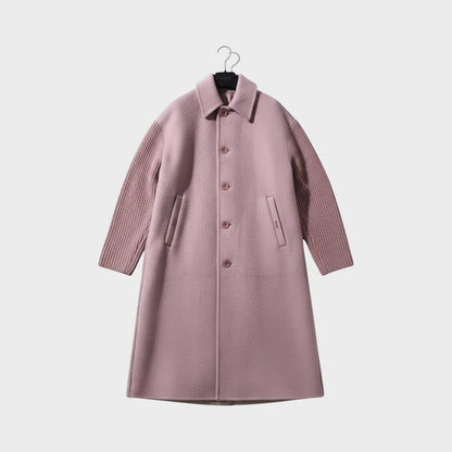 Tasoni dark pink cashmere blend coat with contrasting ribbed knit sleeves and button-up front.