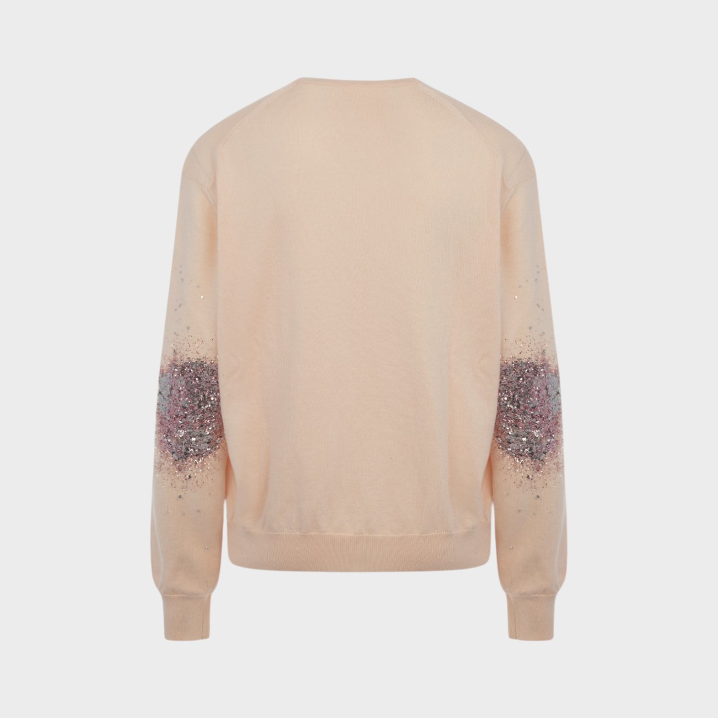 Tasoni pink knitwear sweater with glitter detail on sleeves. V-neck, long sleeves, and a relaxed fit.