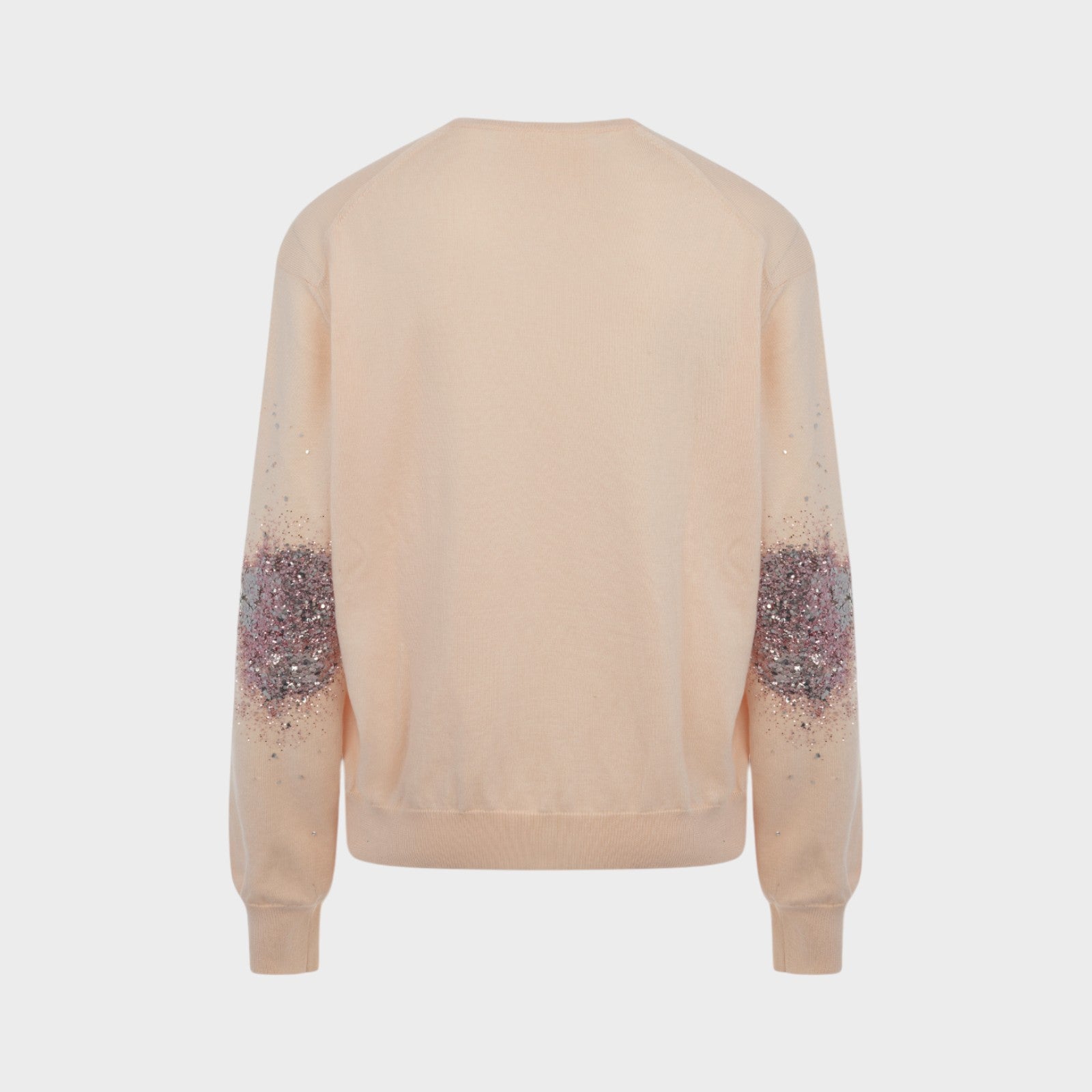 Tasoni pink knitwear sweater with glitter detail on sleeves. V-neck, long sleeves, and a relaxed fit.