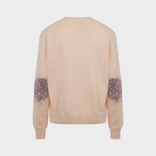 Tasoni pink knitwear sweater with glitter detail on sleeves. V-neck, long sleeves, and a relaxed fit.