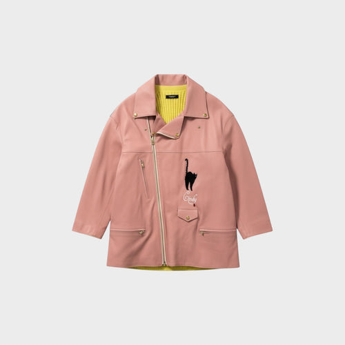 Tasoni pink leather biker coat with black cat appliqué and yellow knit lining. Features zip closure and pockets.