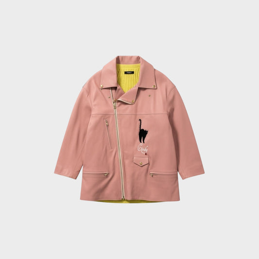 Tasoni pink leather biker coat with black cat appliqué and yellow knit lining. Features zip closure and pockets.