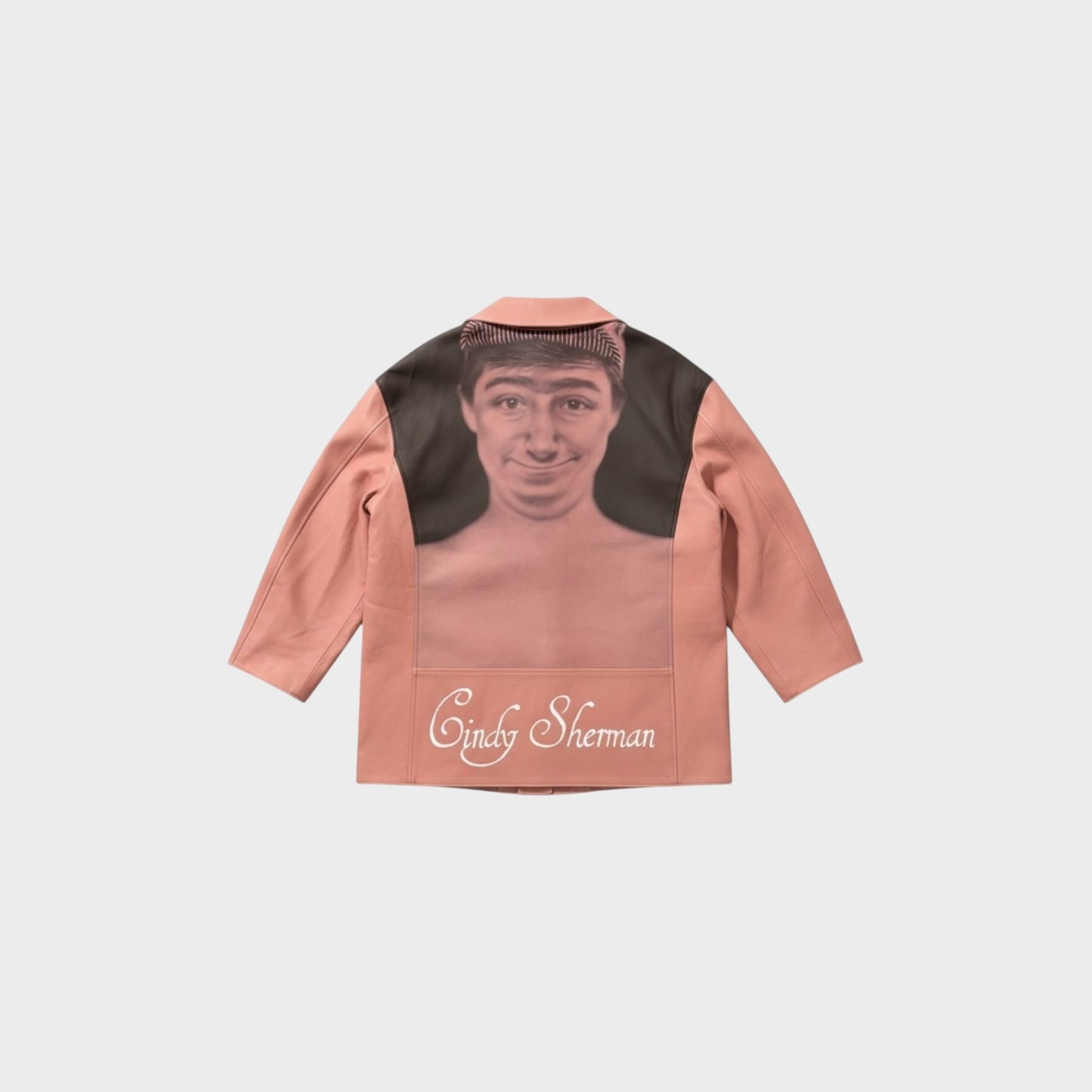 Tasoni pink leather coat with a portrait appliqué on the back and