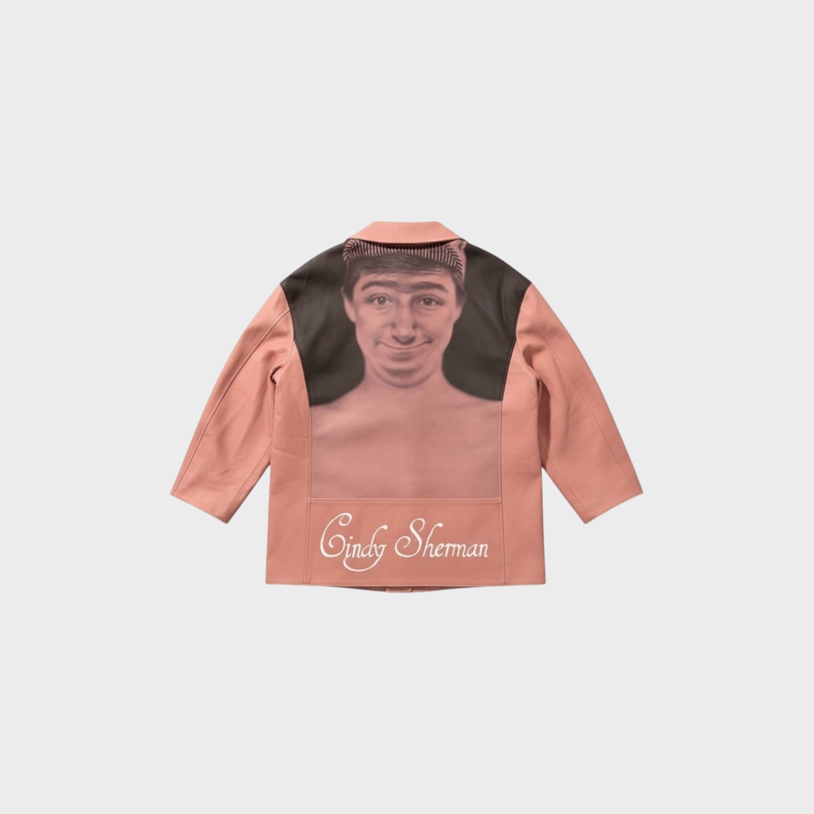 Tasoni pink leather coat with a portrait appliqué on the back and
