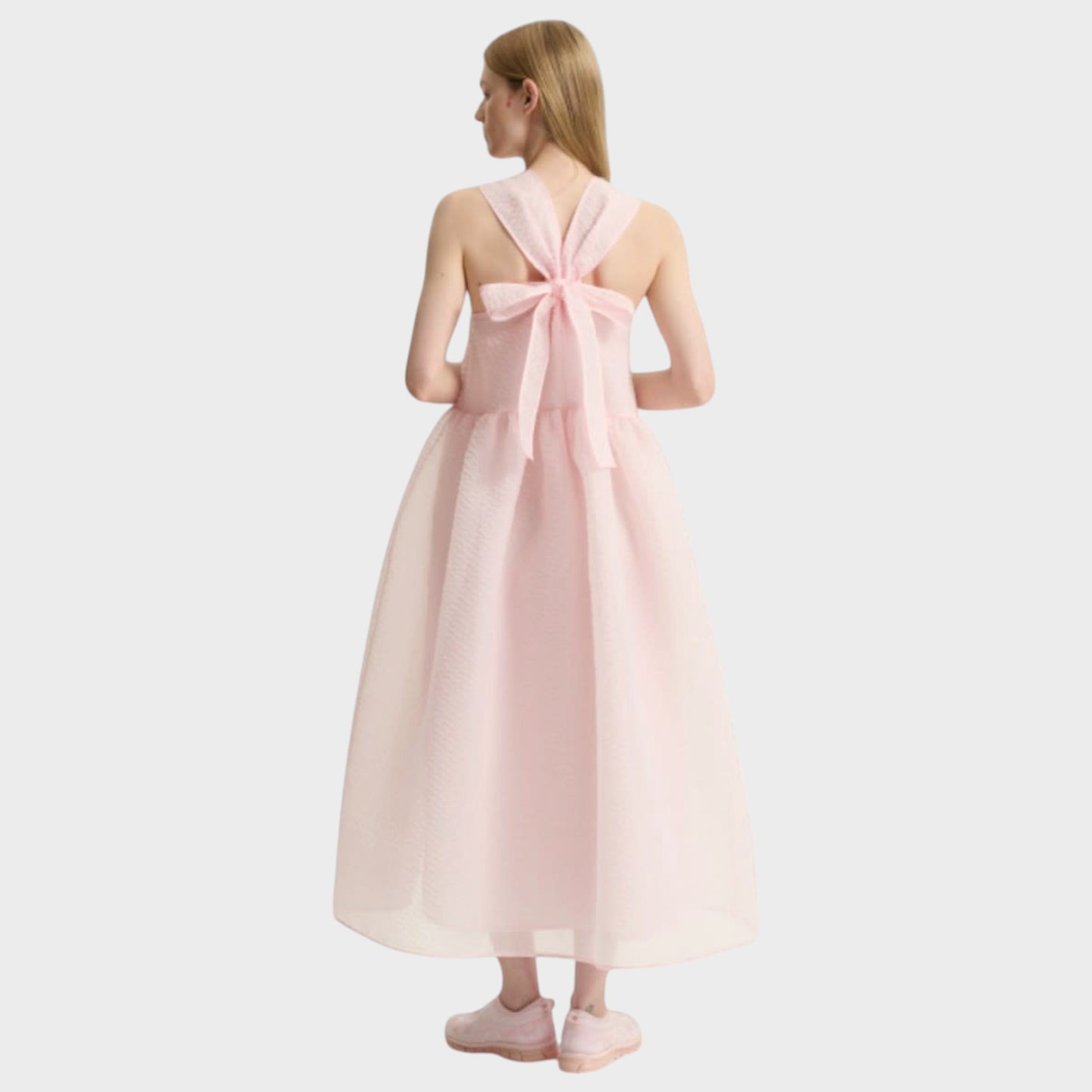 Tasoni blush pink sleeveless midi dress with voluminous skirt and back bow detail