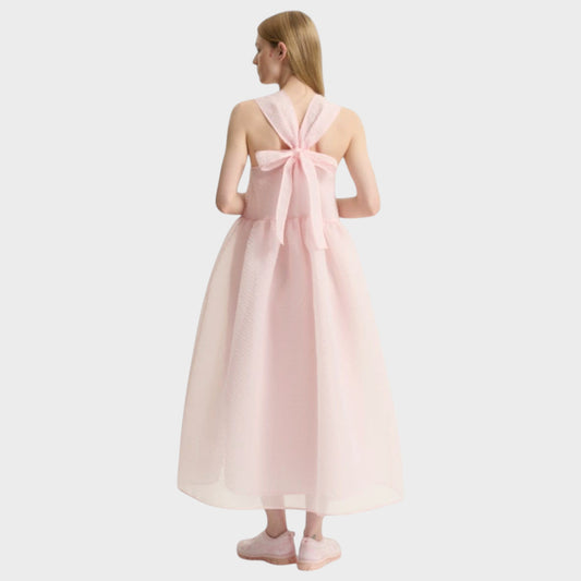 Tasoni blush pink sleeveless midi dress with voluminous skirt and back bow detail
