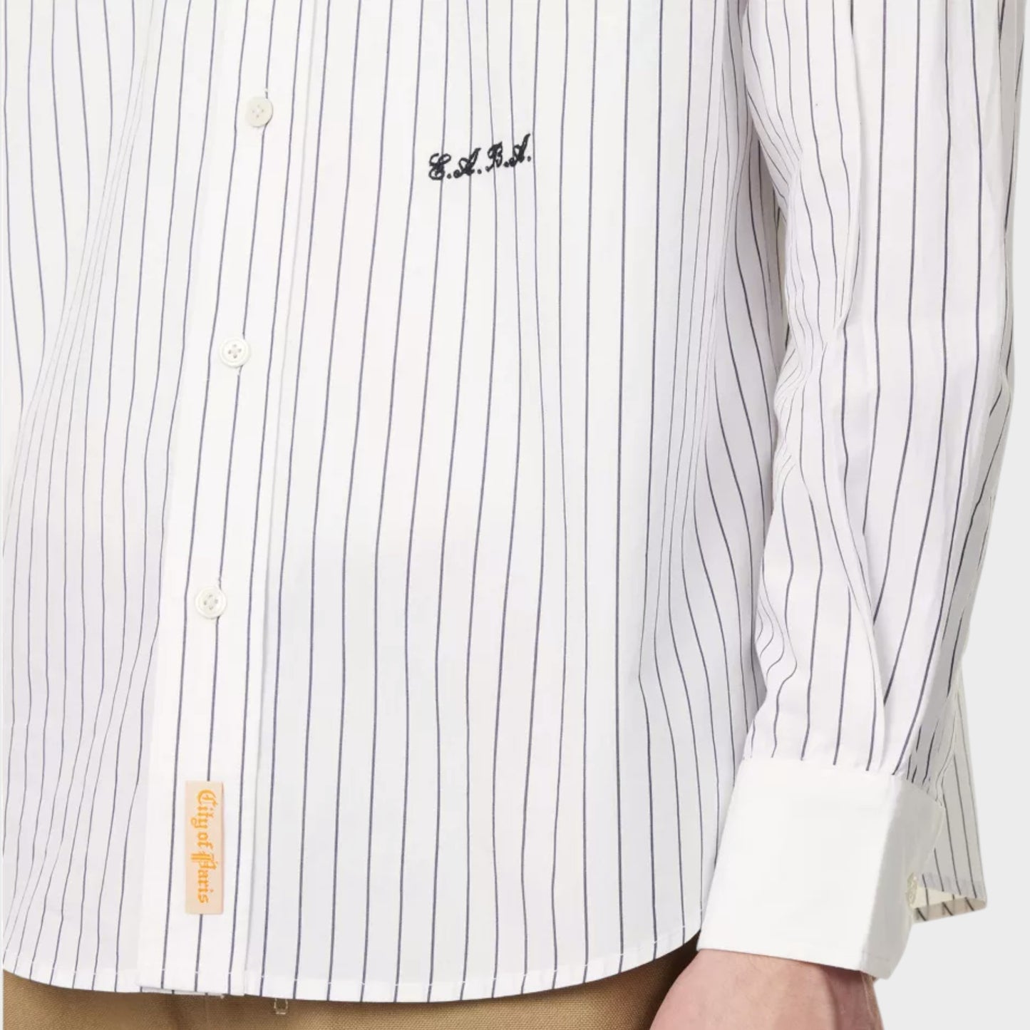 Tasoni black and cream pinstripe cotton shirt with embroidered logo and "City of Paris" tag.