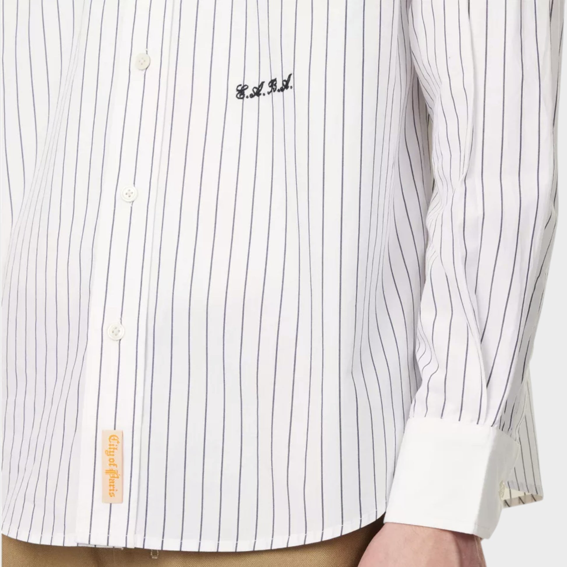 Tasoni black and cream pinstripe cotton shirt with embroidered logo and "City of Paris" tag.