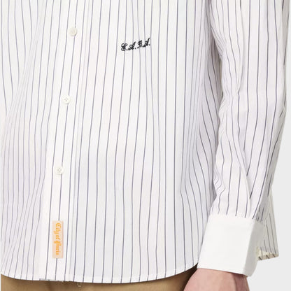 Tasoni black and cream pinstripe cotton shirt with embroidered logo and "City of Paris" tag.