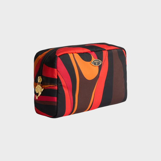 Tasoni Pucci bag with orange, black, and red Marmo print. This beauty case has a gold zipper pull with a charm.